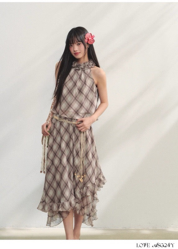 AsGony ASG25184&amp;ASG25185 Plaid pleated lace chiffon vest + skirt