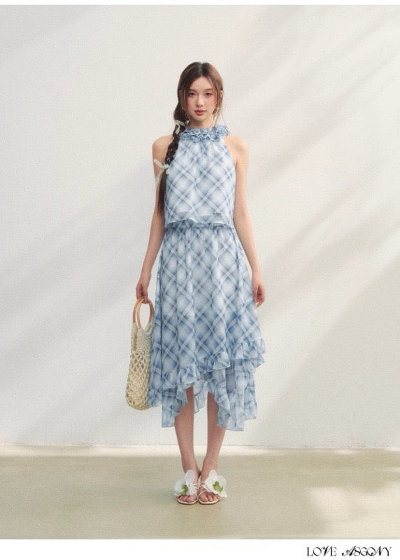 AsGony ASG25184&amp;ASG25185 Plaid pleated lace chiffon vest + skirt