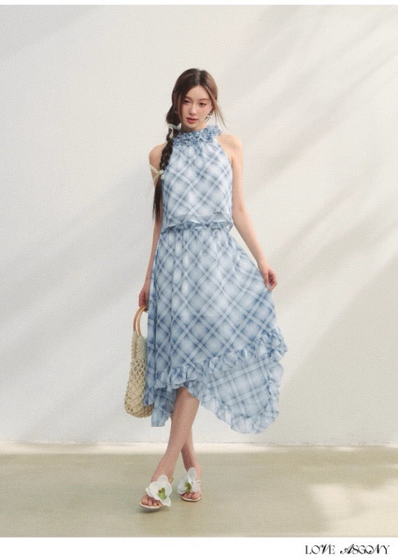 AsGony ASG25184&amp;ASG25185 Plaid pleated lace chiffon vest + skirt