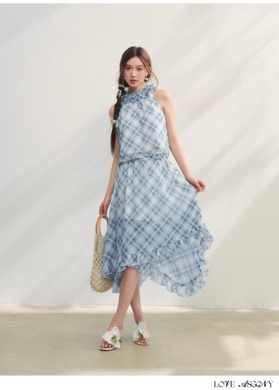 AsGony ASG25184&amp;ASG25185 Plaid pleated lace chiffon vest + skirt