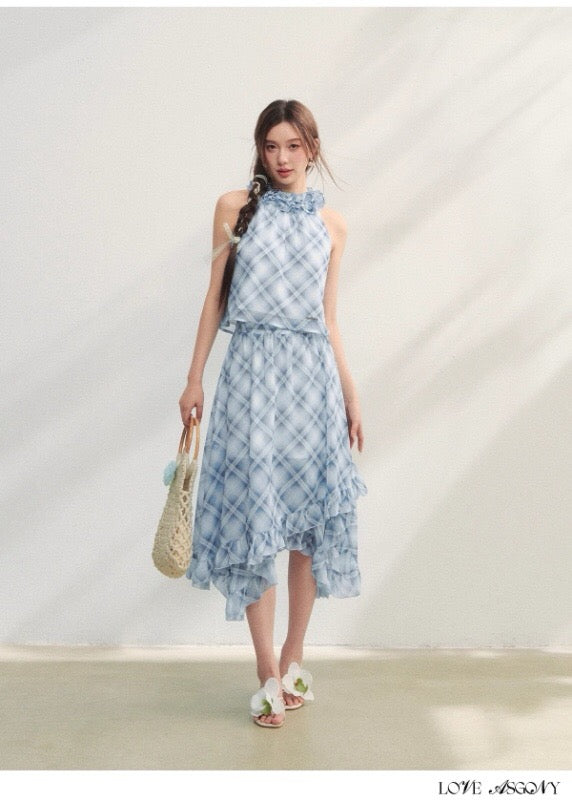 AsGony ASG25184&amp;ASG25185 Plaid pleated lace chiffon vest + skirt