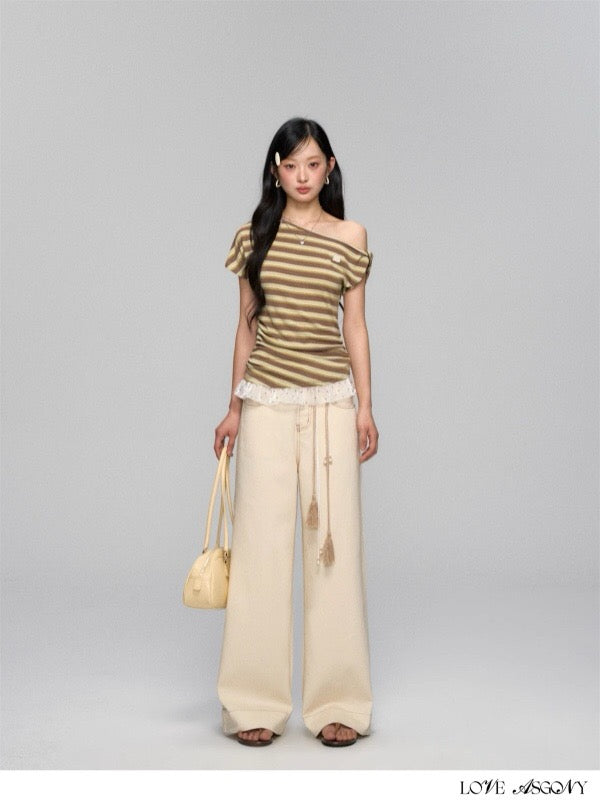 AsGony ASG25133 Striped patchwork one shoulder T-shirt