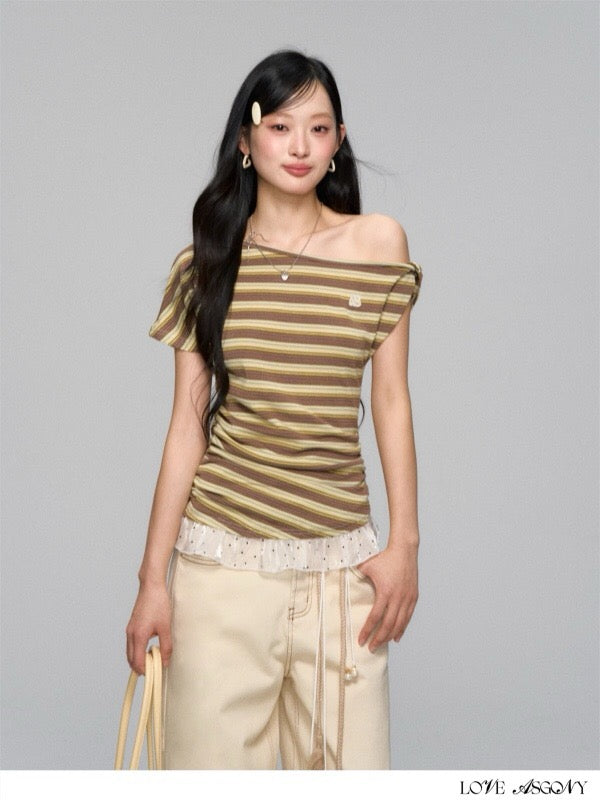 AsGony ASG25133 Striped patchwork one shoulder T-shirt