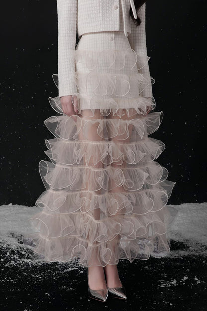 Raffiné ECLAT BOW NECK TWEED CROPPED JACKET &amp; MINI SKIRT &amp; MAXI SKIRT SET (WHITE)