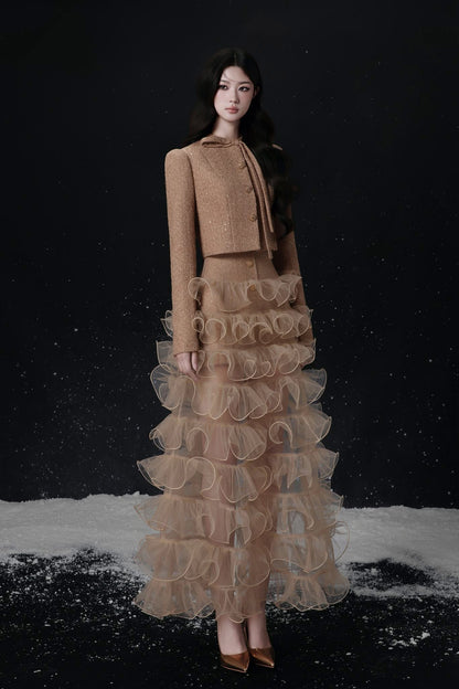 Raffiné ECLAT BOW NECK TWEED CROPPED JACKET &amp; MINI SKIRT &amp; MAXI SKIRT SET (BROWN)