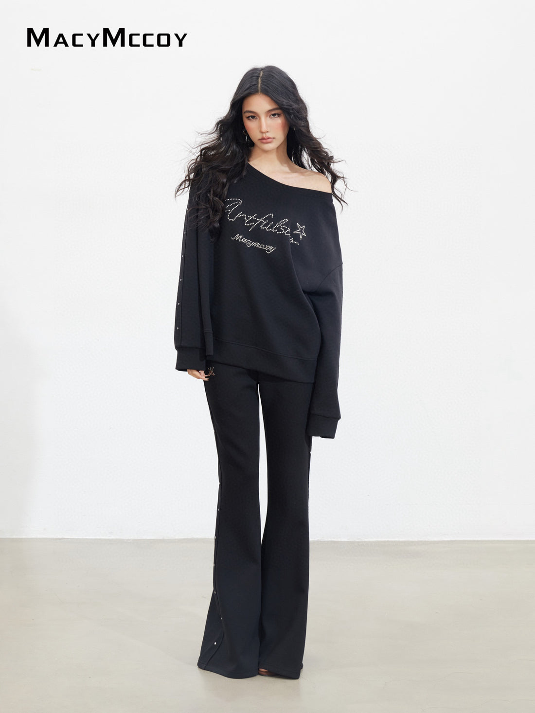 MacyMccoy MMC2025136&amp;MMC2025142 Riveted letter sloping shoulder hoodie + pants set