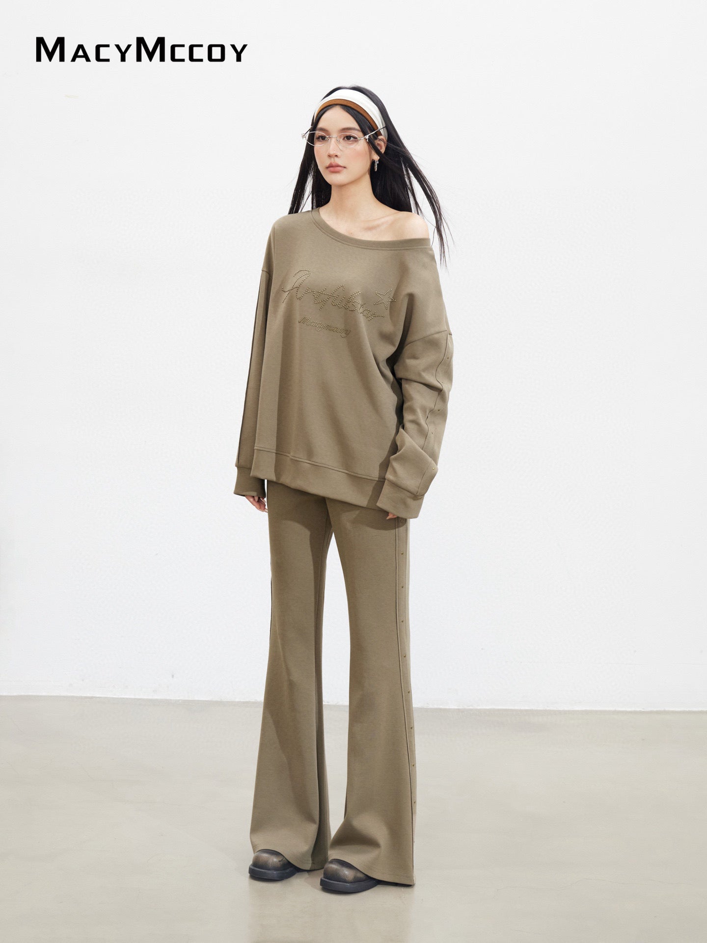 MacyMccoy MMC2025136&amp;MMC2025142 Riveted letter sloping shoulder hoodie + pants set