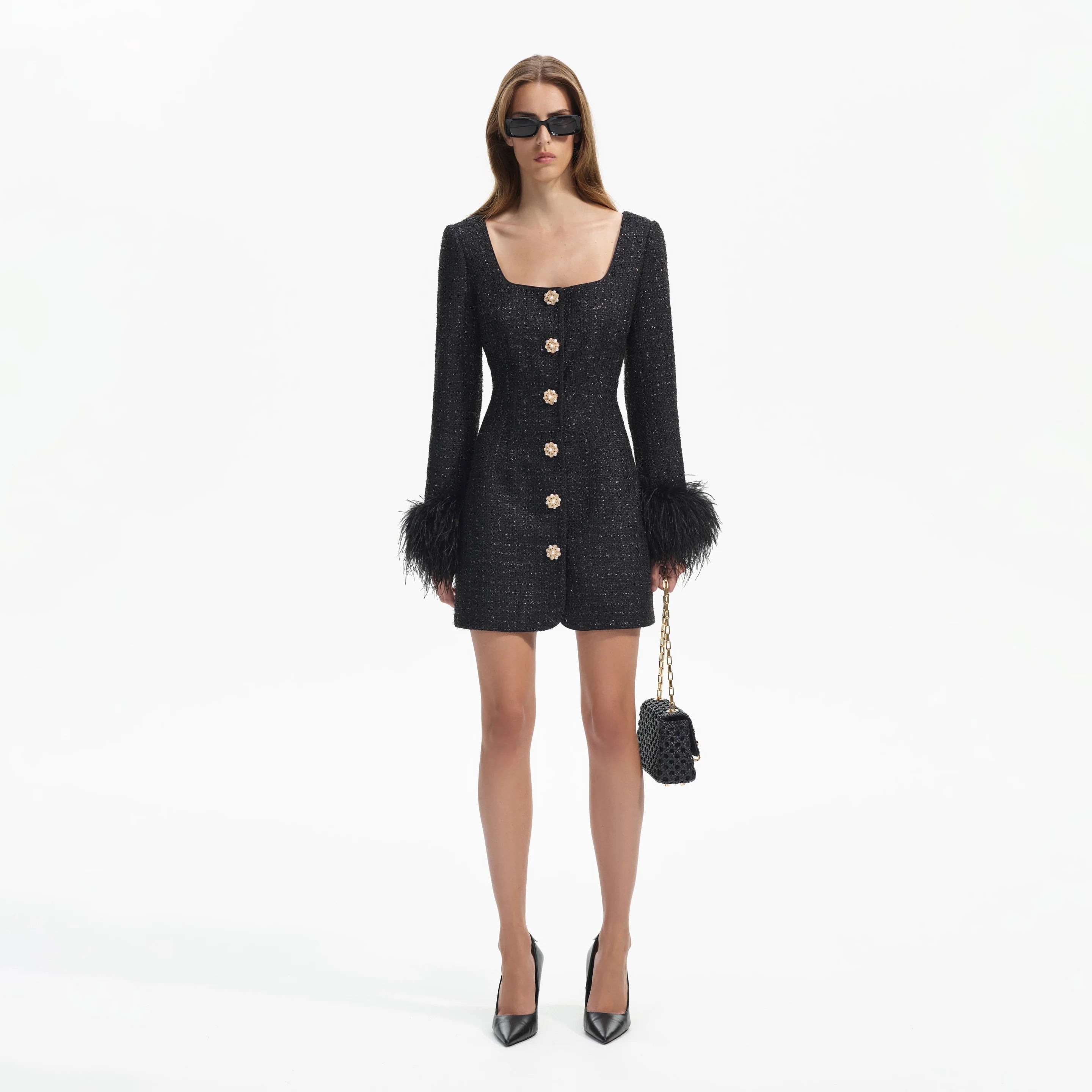 Self-Portrait BLACK BOUCLE FEATHER MINI DRESS