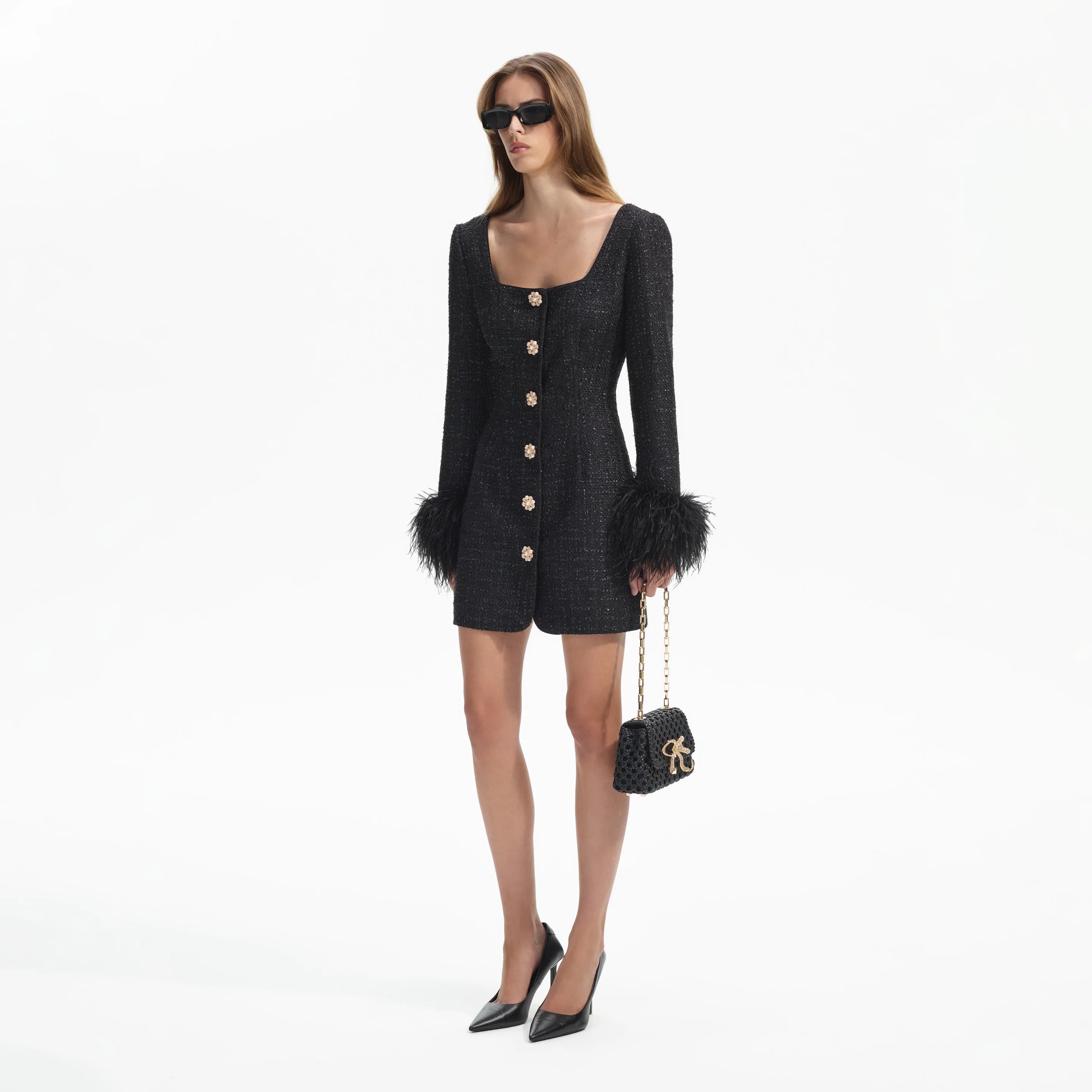 Self-Portrait BLACK BOUCLE FEATHER MINI DRESS