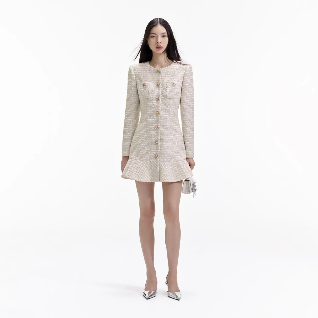 Self-Portrait GOLD BOUCLE LONG SLEEVE MINI DRESS