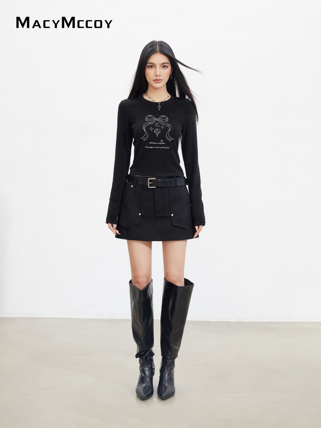 MacyMccoy MMC2025139&amp;MMC2025143 Bow letter long sleeved T-shirt + skirt set