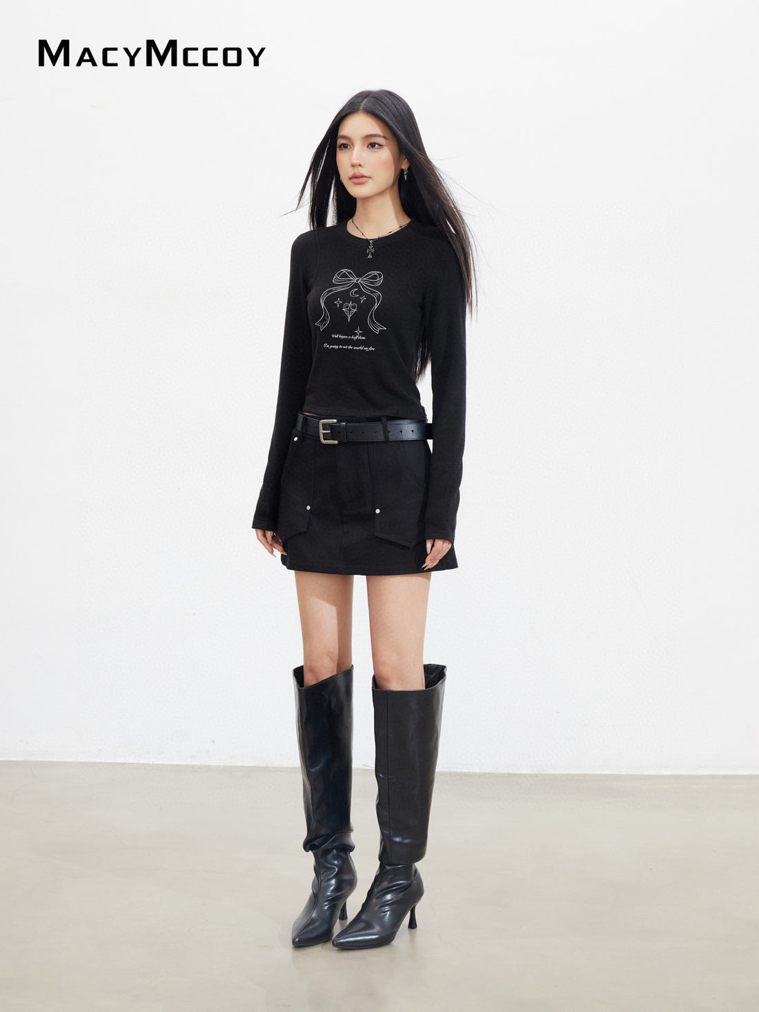 MacyMccoy MMC2025139&amp;MMC2025143 Bow letter long sleeved T-shirt + skirt set