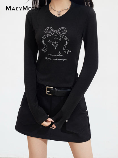 MacyMccoy MMC2025139&amp;MMC2025143 Bow letter long sleeved T-shirt + skirt set