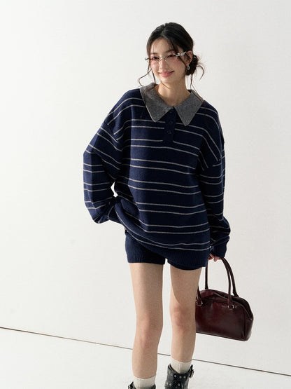 Lafreedom LAF351004 Lazy style striped lapel knit sweater