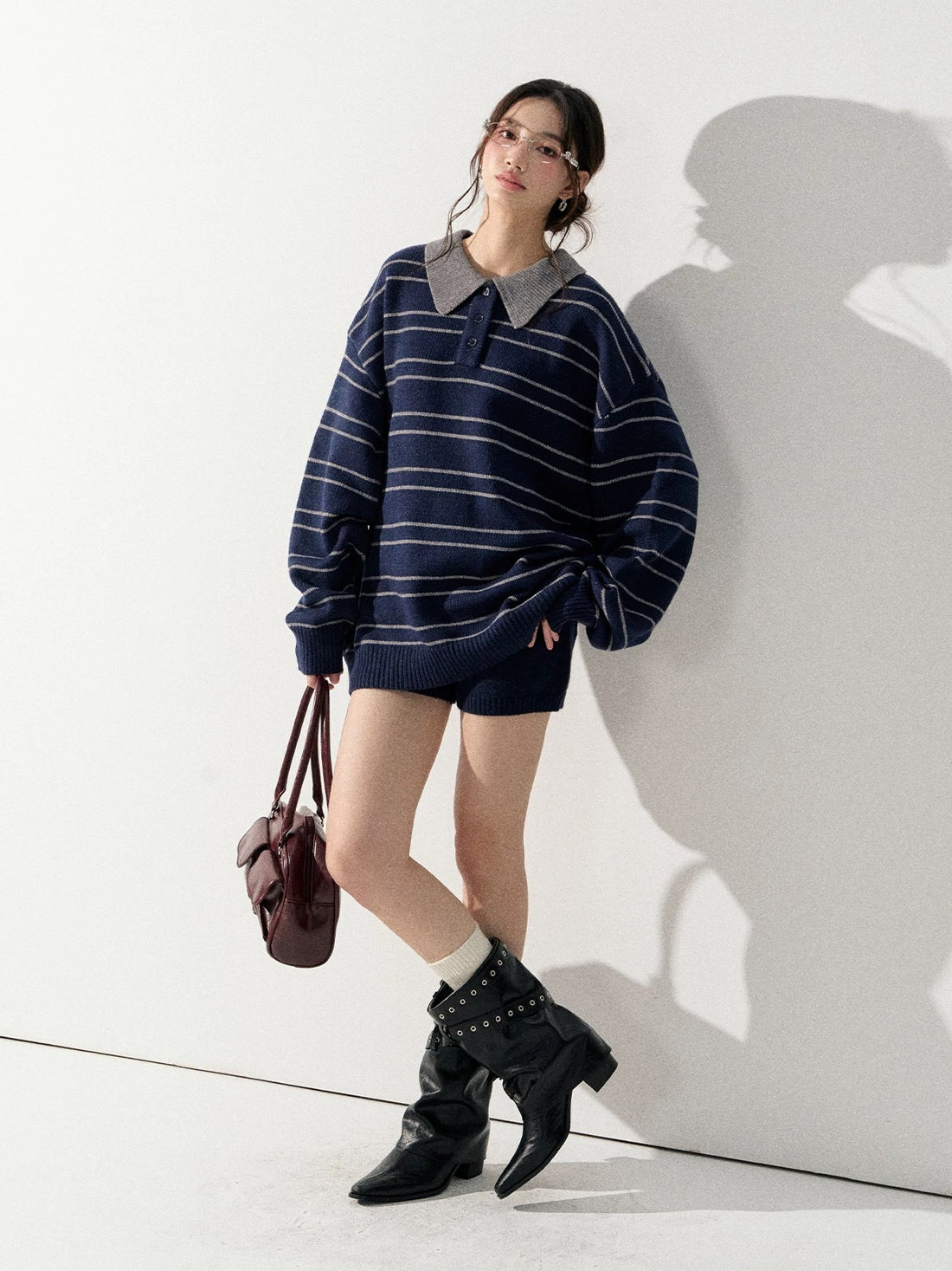 Lafreedom LAF351004 Lazy style striped lapel knit sweater