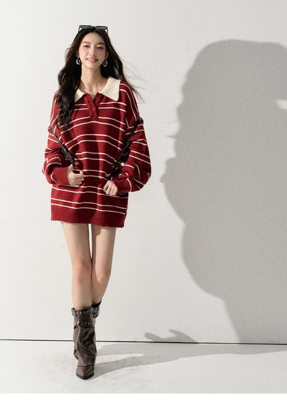 Lafreedom LAF351004 Lazy style striped lapel knit sweater