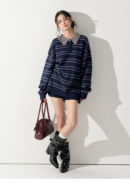 Lafreedom LAF351004 Lazy style striped lapel knit sweater