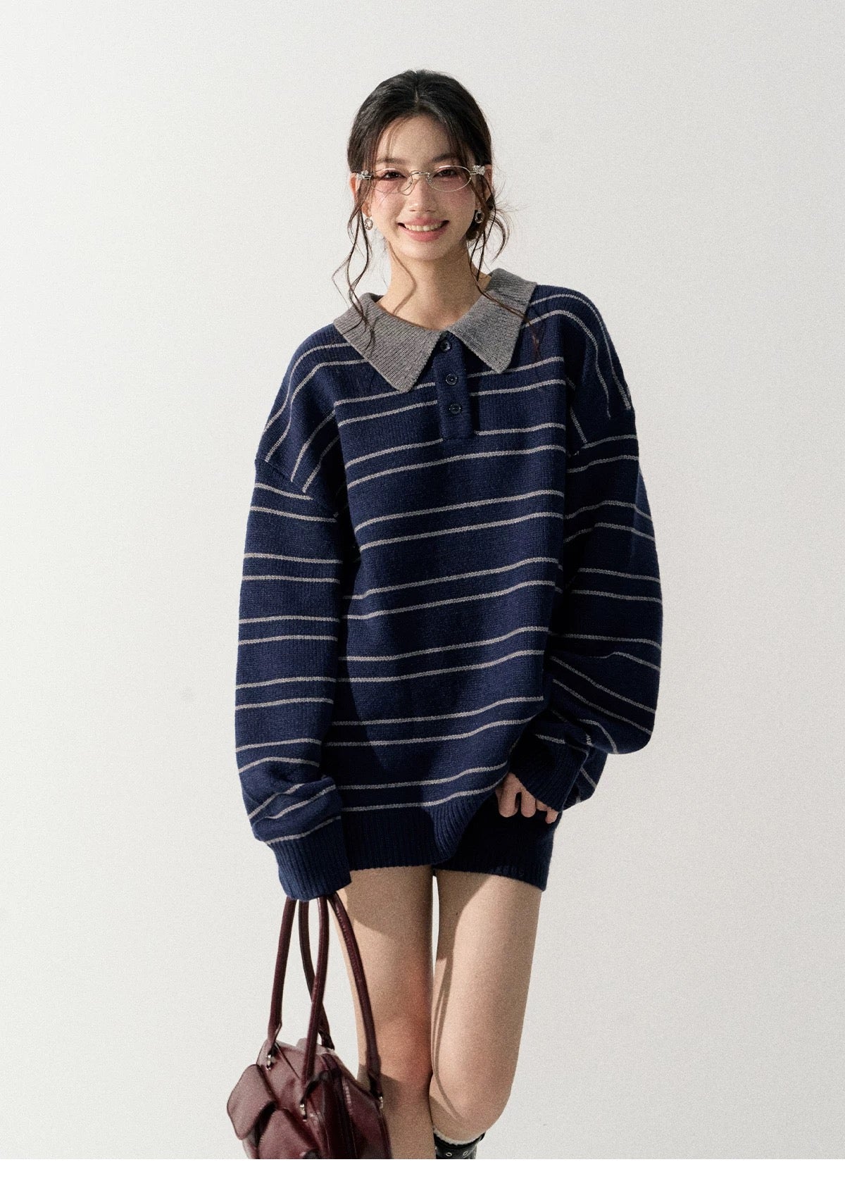 Lafreedom LAF351004 Lazy style striped lapel knit sweater