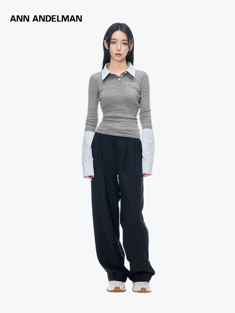 ANN ANDELMAN [Star Style] Splicing shirt fake two-piece pullover sweater