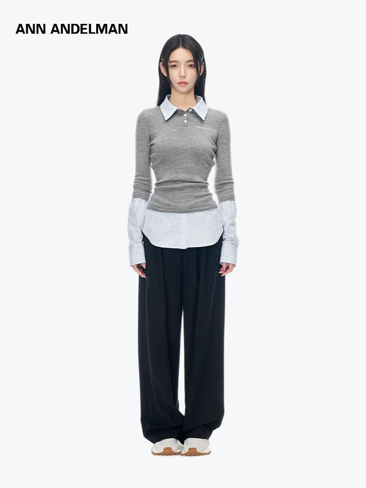 ANN ANDELMAN [Star Style] Splicing shirt fake two-piece pullover sweater