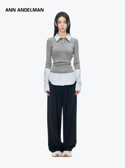 ANN ANDELMAN [Star Style] Splicing shirt fake two-piece pullover sweater