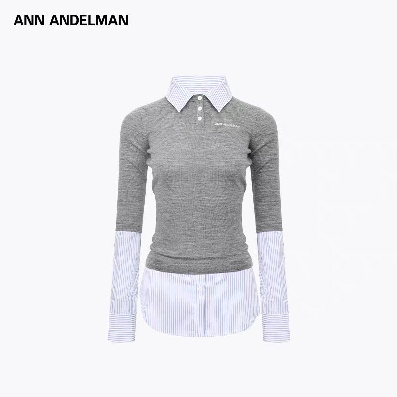 ANN ANDELMAN [Star Style] Splicing shirt fake two-piece pullover sweater