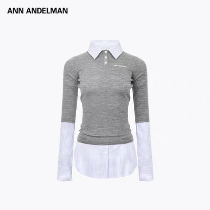 ANN ANDELMAN [Star Style] Splicing shirt fake two-piece pullover sweater