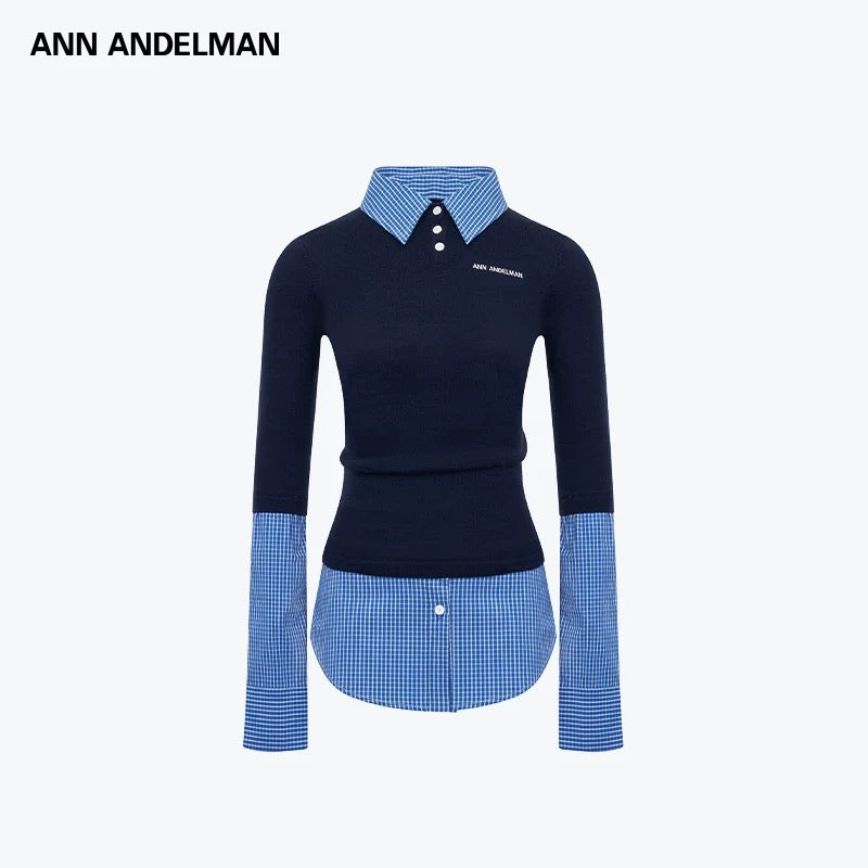 ANN ANDELMAN [Star Style] Splicing shirt fake two-piece pullover sweater