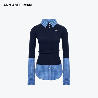 ANN ANDELMAN [Star Style] Splicing shirt fake two-piece pullover sweater