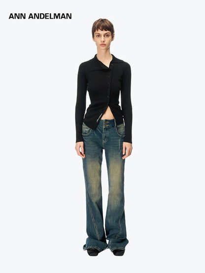 ANN ANDELMAN [Star Style] Asymmetric Knitted Shirt Top