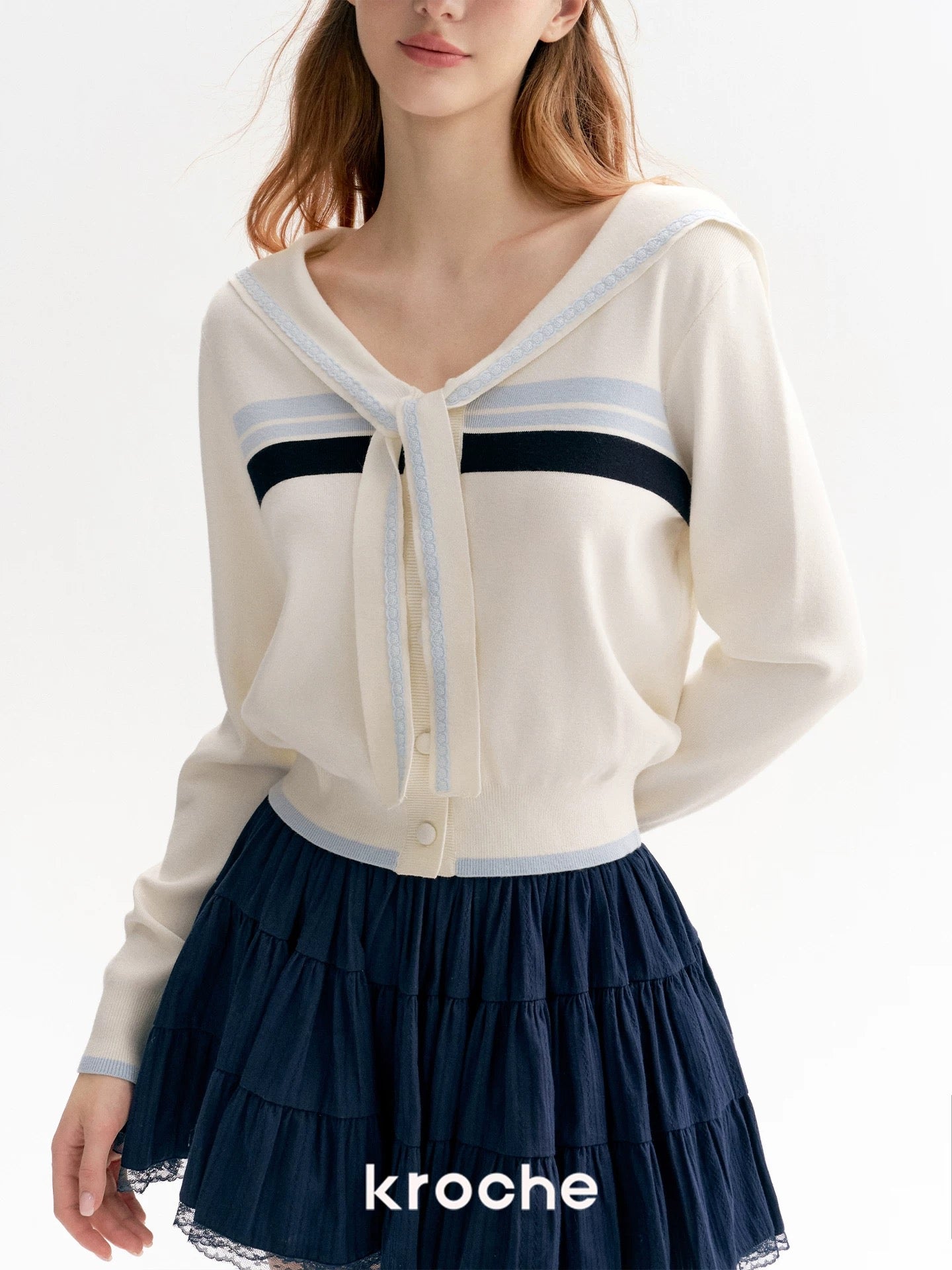 Kroche Lace Navy collar contrasting sweater shirt