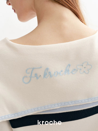 Kroche Lace Navy collar contrasting sweater shirt
