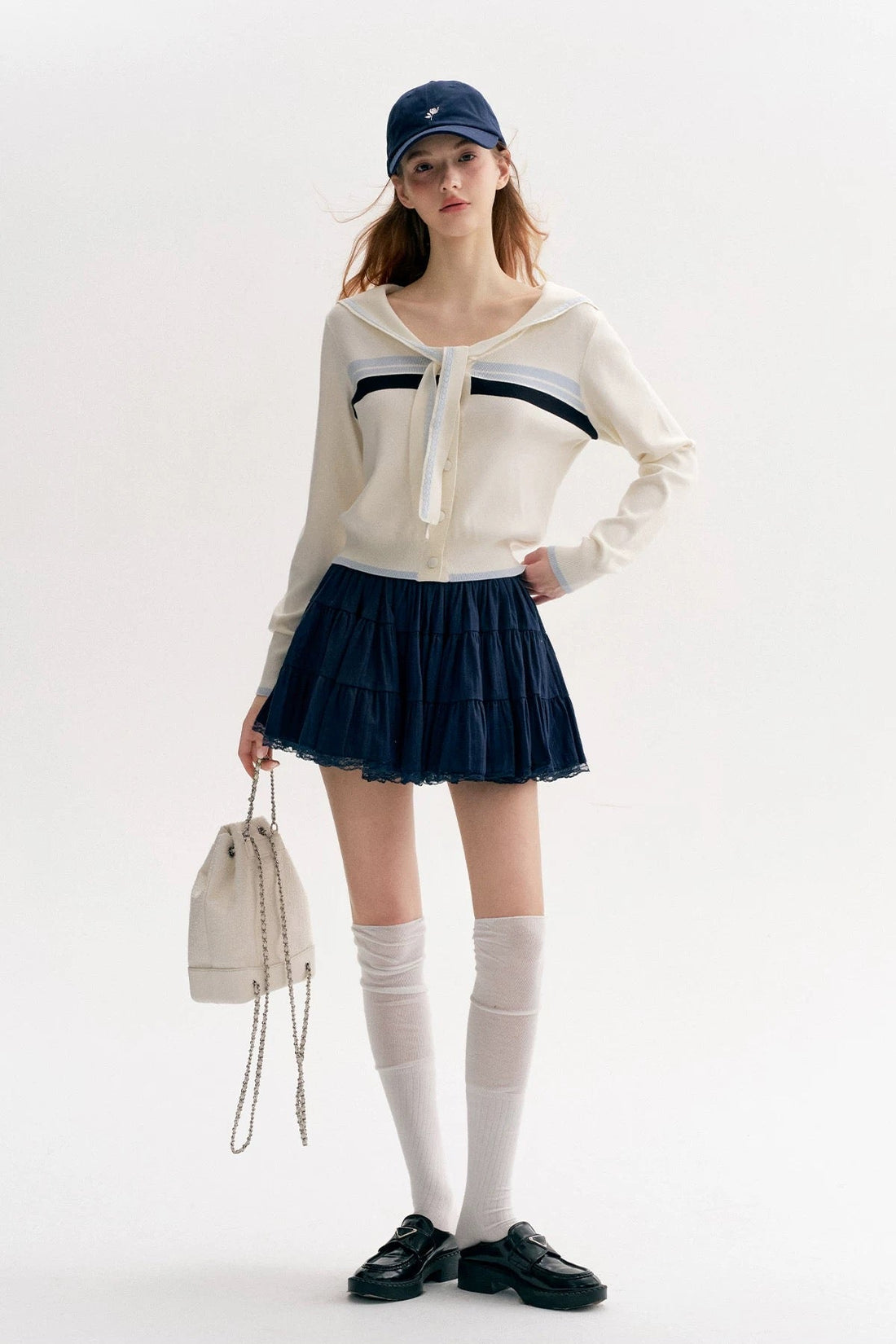 Kroche Lace Navy collar contrasting sweater shirt
