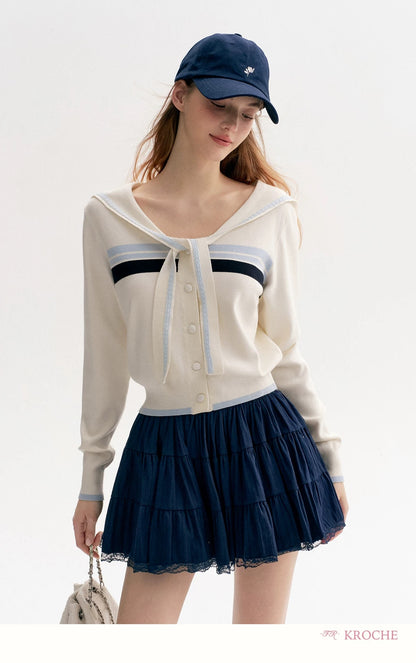 Kroche Lace Navy collar contrasting sweater shirt