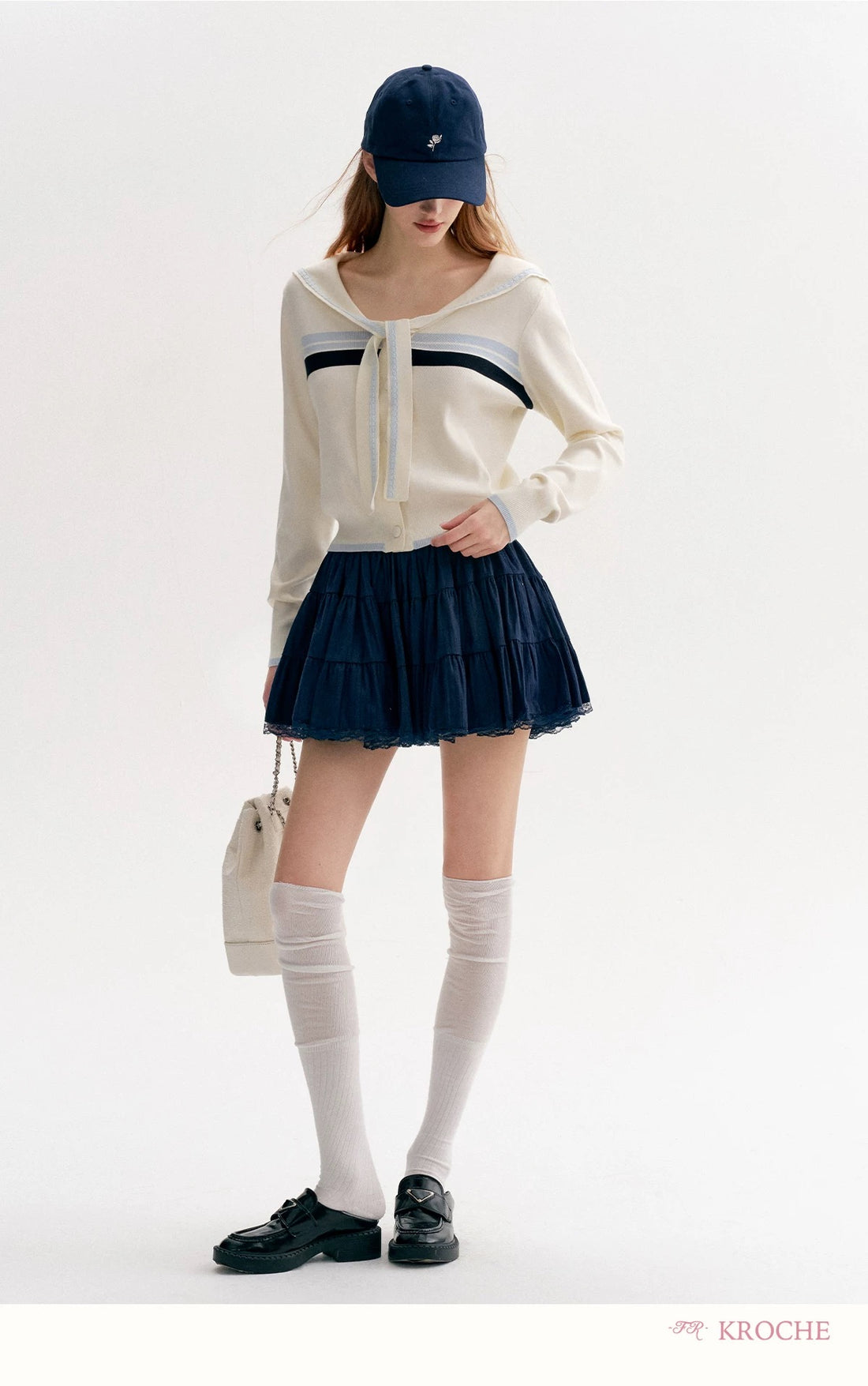 Kroche Lace Navy collar contrasting sweater shirt