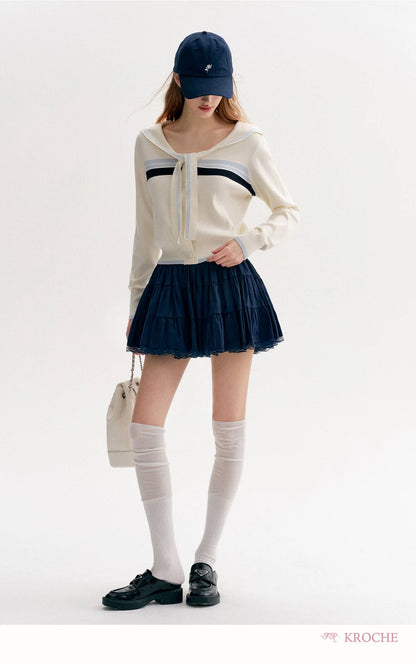 Kroche Lace Navy collar contrasting sweater shirt