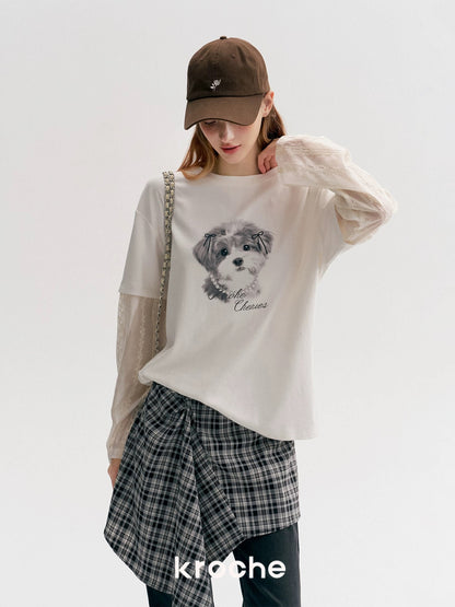 Kroche Hand drawn dog embroidery patchwork long sleeved T-shirt