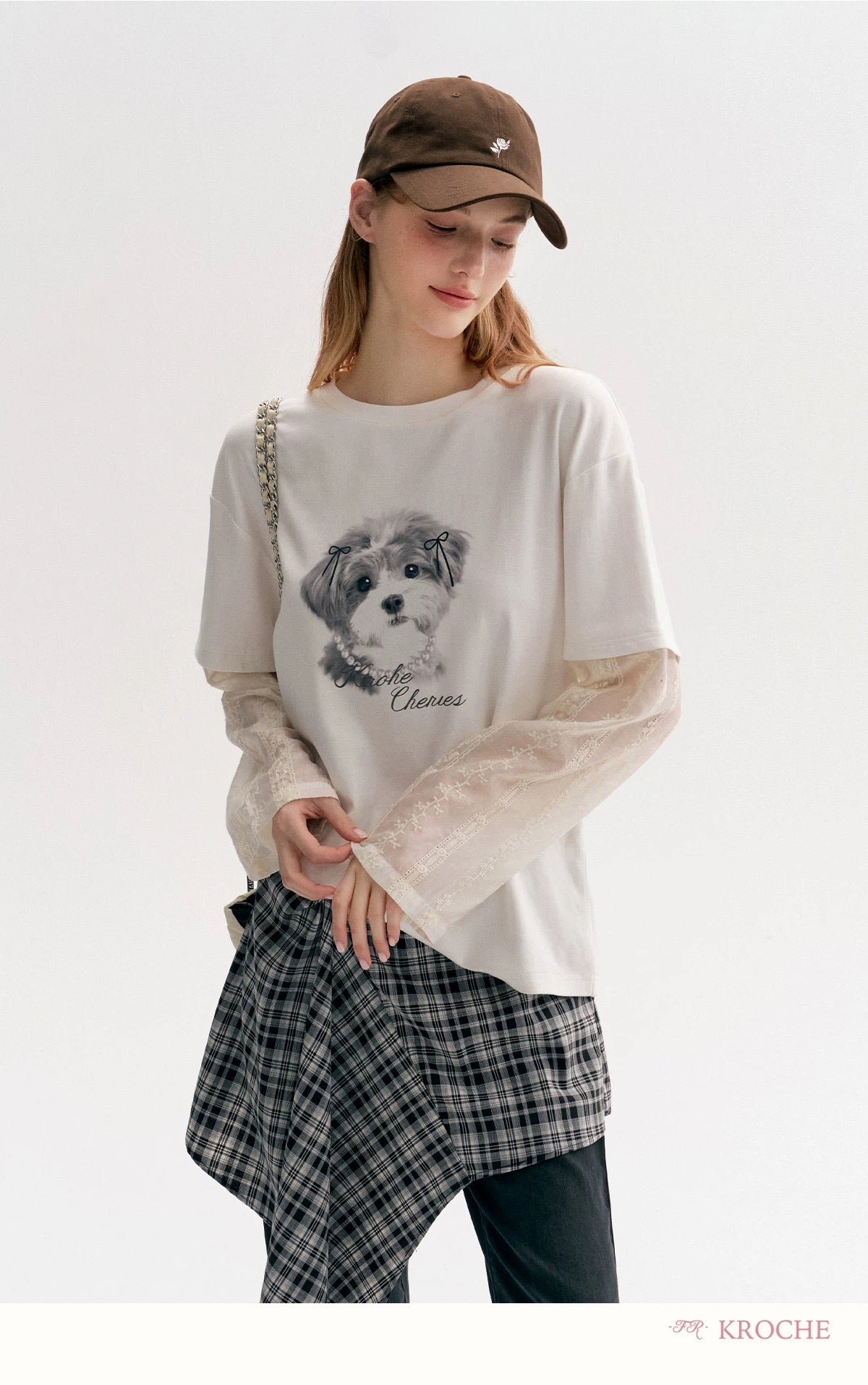 Kroche Hand drawn dog embroidery patchwork long sleeved T-shirt