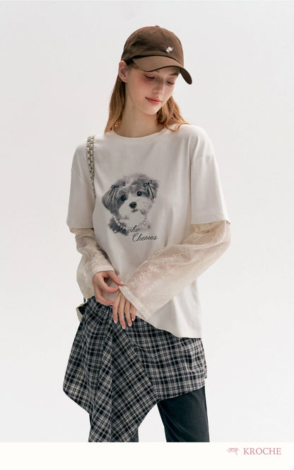 Kroche Hand drawn dog embroidery patchwork long sleeved T-shirt