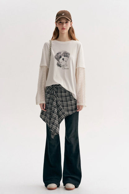 Kroche Hand drawn dog embroidery patchwork long sleeved T-shirt