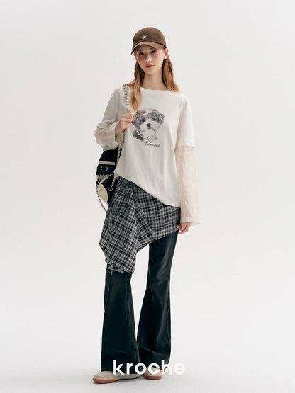 Kroche Irregular plaid micro flared jeans