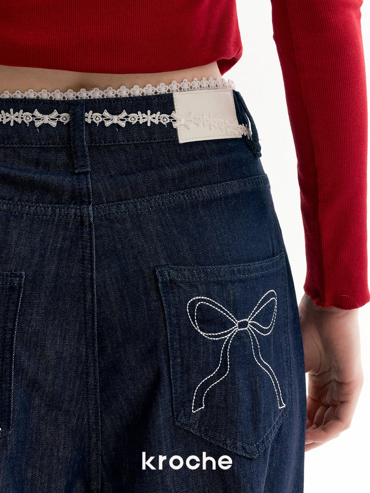 Kroche Lace patchwork decorative bow loose jeans