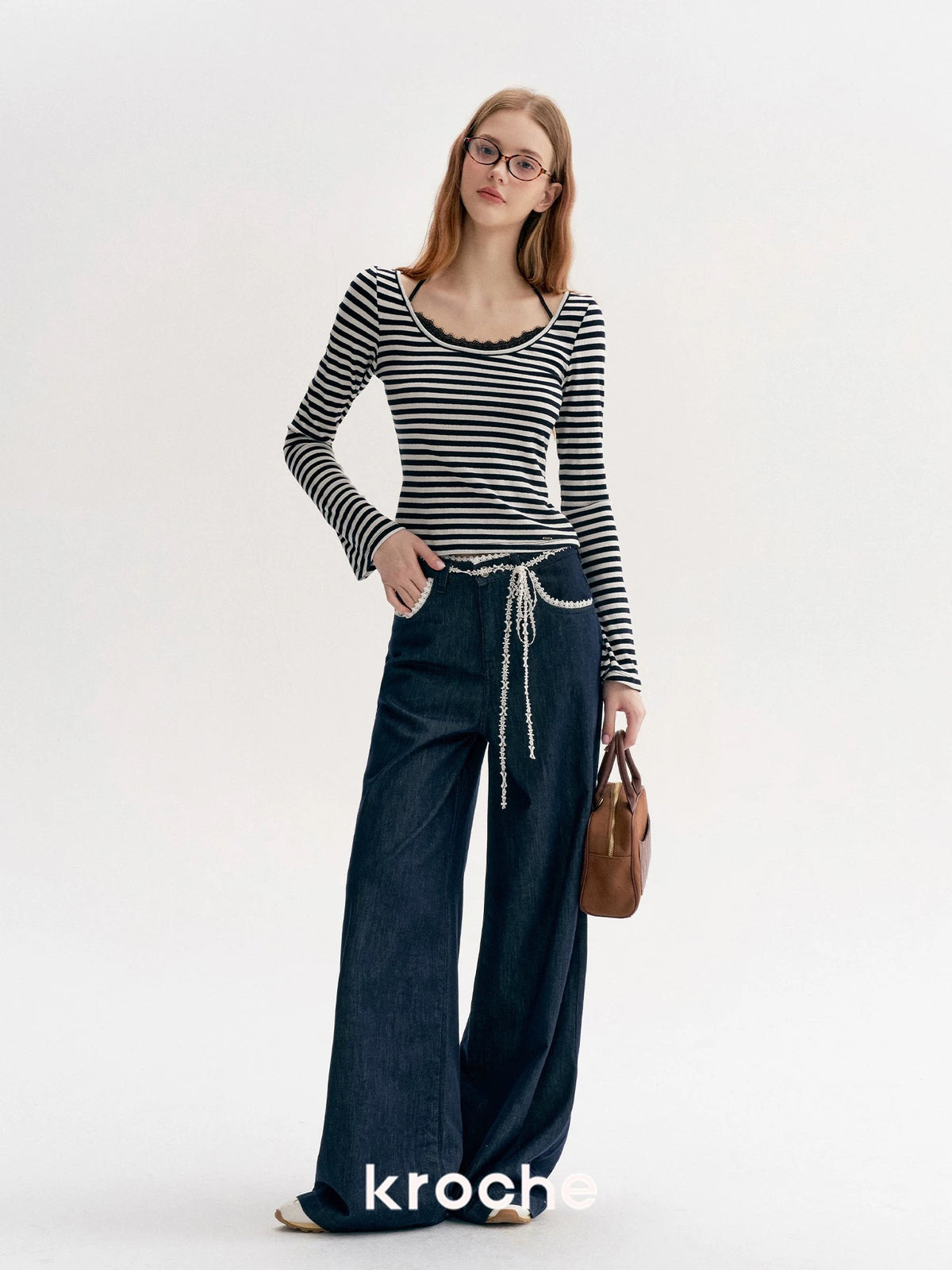 Kroche Lace patchwork decorative bow loose jeans