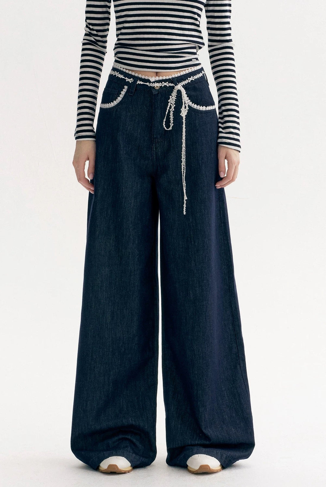 Kroche Lace patchwork decorative bow loose jeans