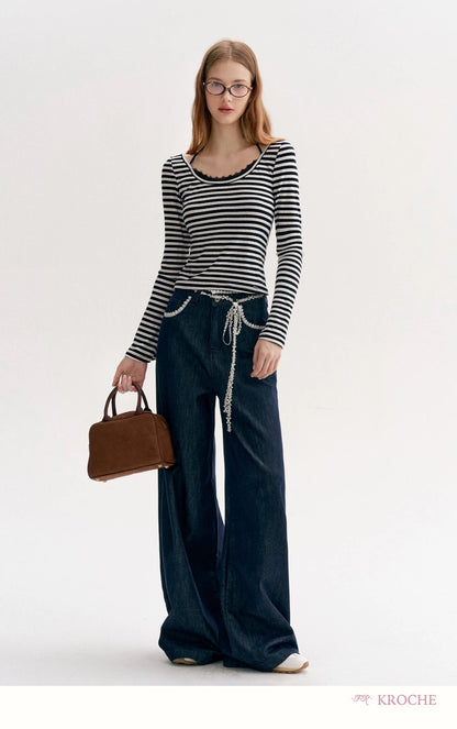 Kroche Lace patchwork decorative bow loose jeans