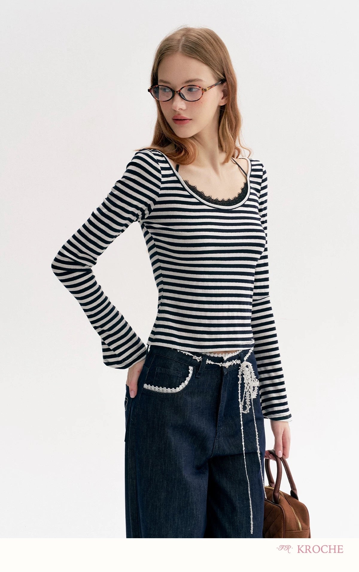 Kroche Lace patchwork decorative bow loose jeans