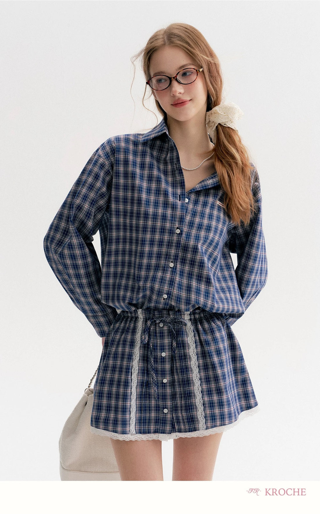 Kroche Plaid loose shirt + skirt set