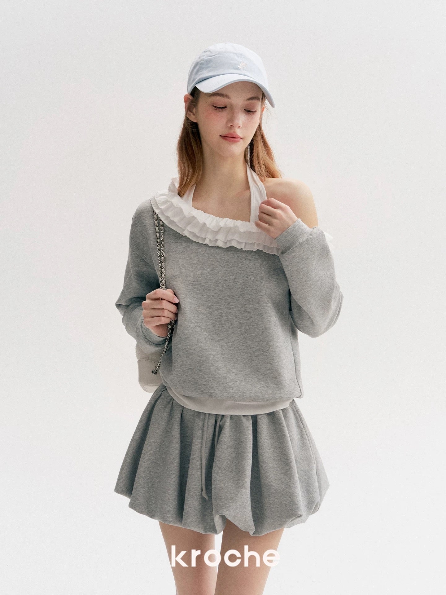 Kroche Color blocking lace fake two-piece hoodie+ skirt set