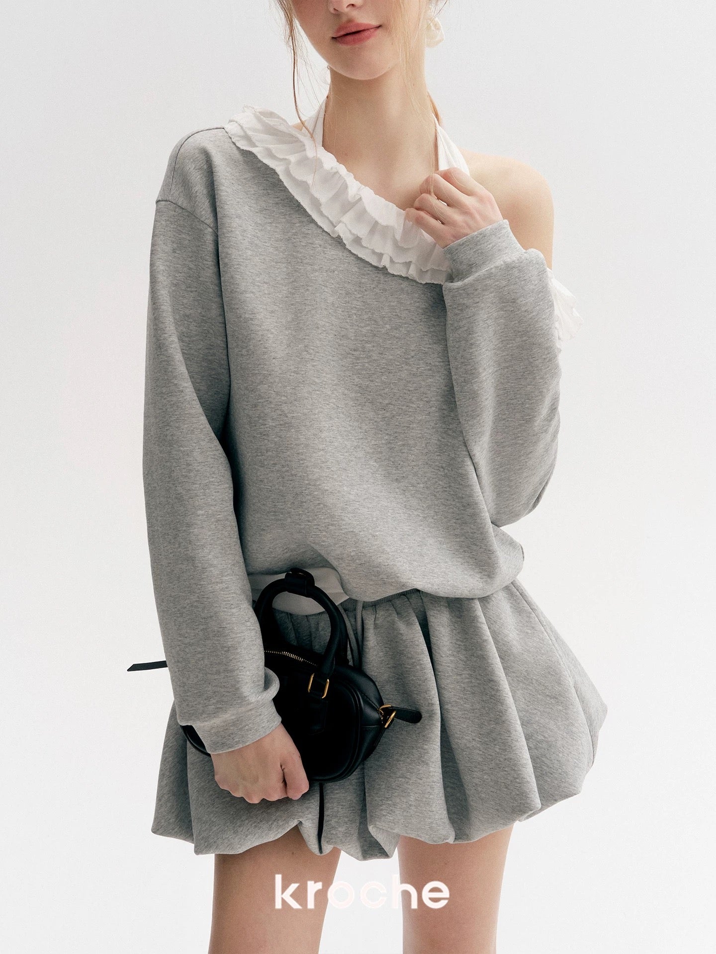Kroche Color blocking lace fake two-piece hoodie+ skirt set