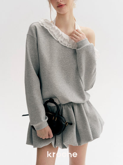 Kroche Color blocking lace fake two-piece hoodie+ skirt set